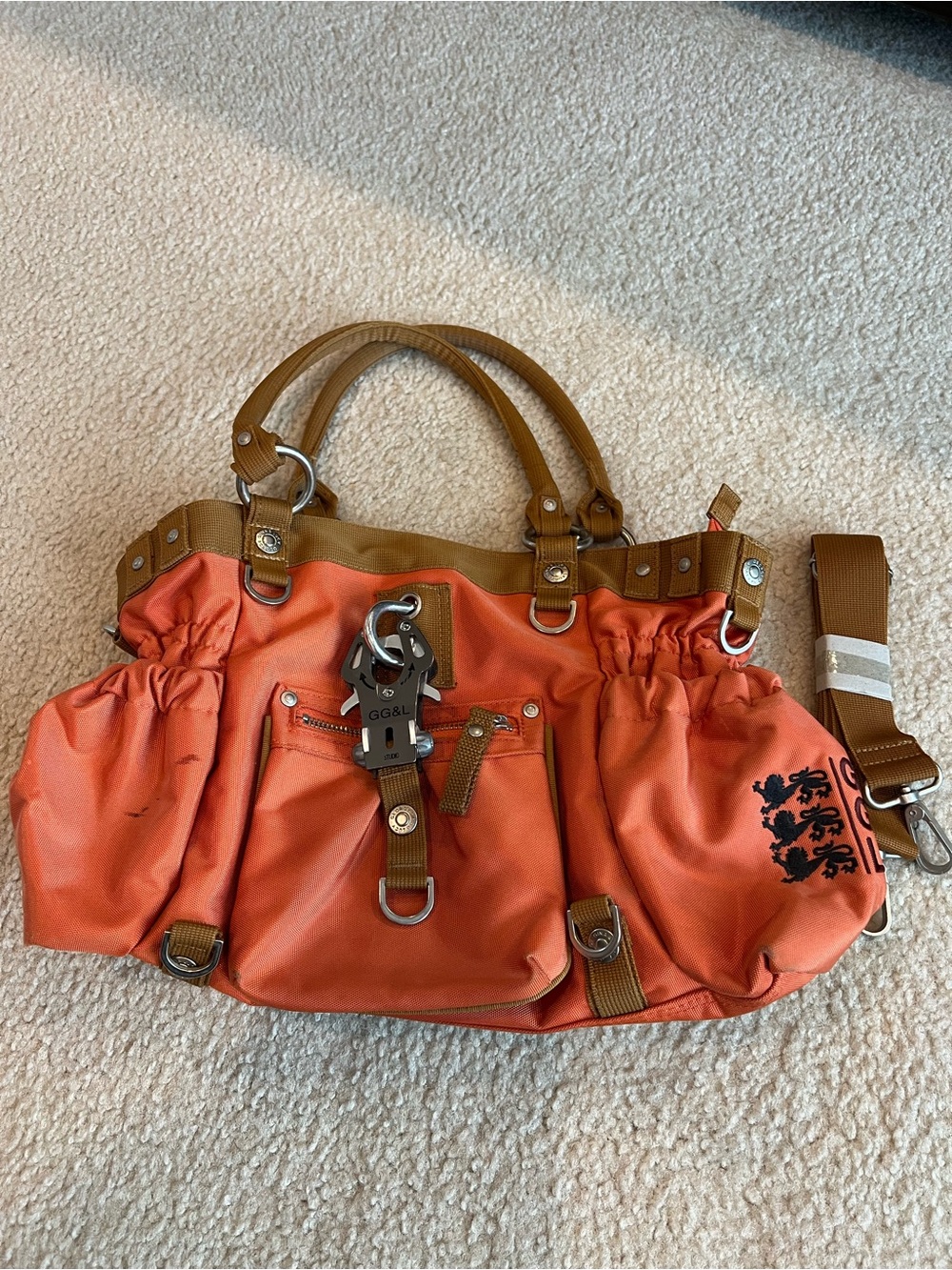 George Gina & Lucy Orange Shoulder Tote with Brown Trim and Detachable Strap
